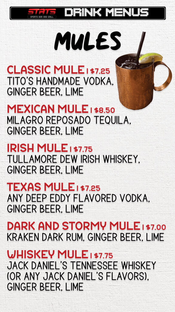 stats sports bar and grill mules menu