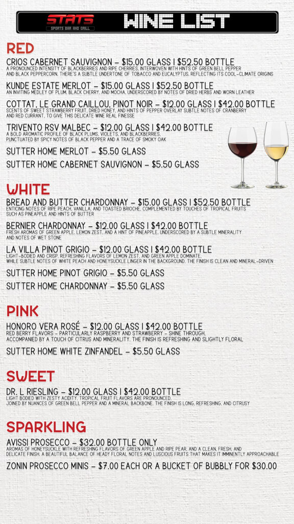 stats sports bar and grill wine menu